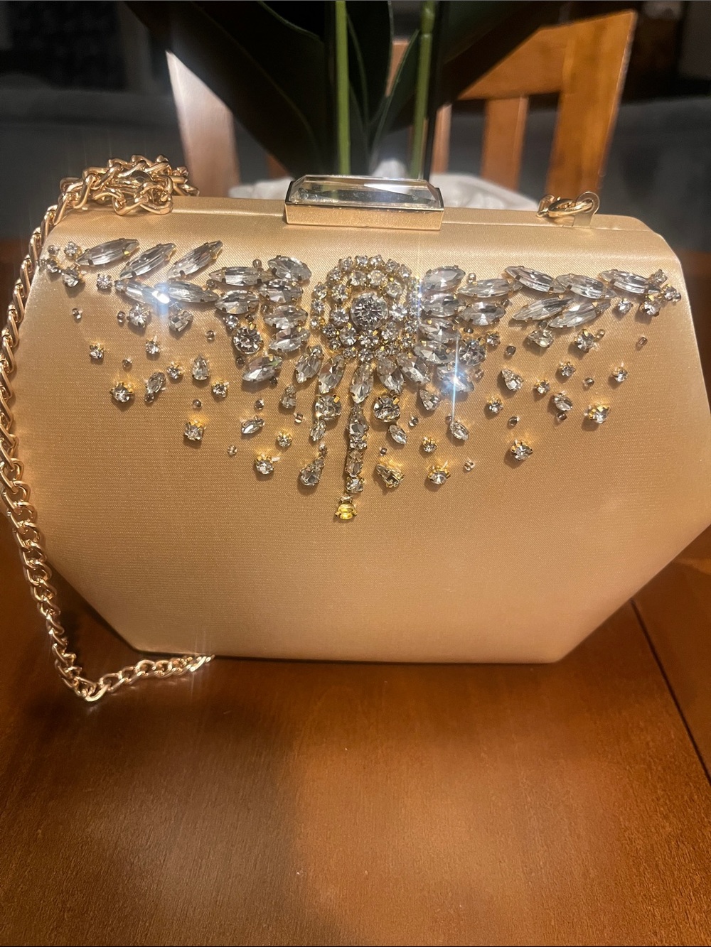 Badgley Mischka Gold Jeweled Satin Evening Clutch
